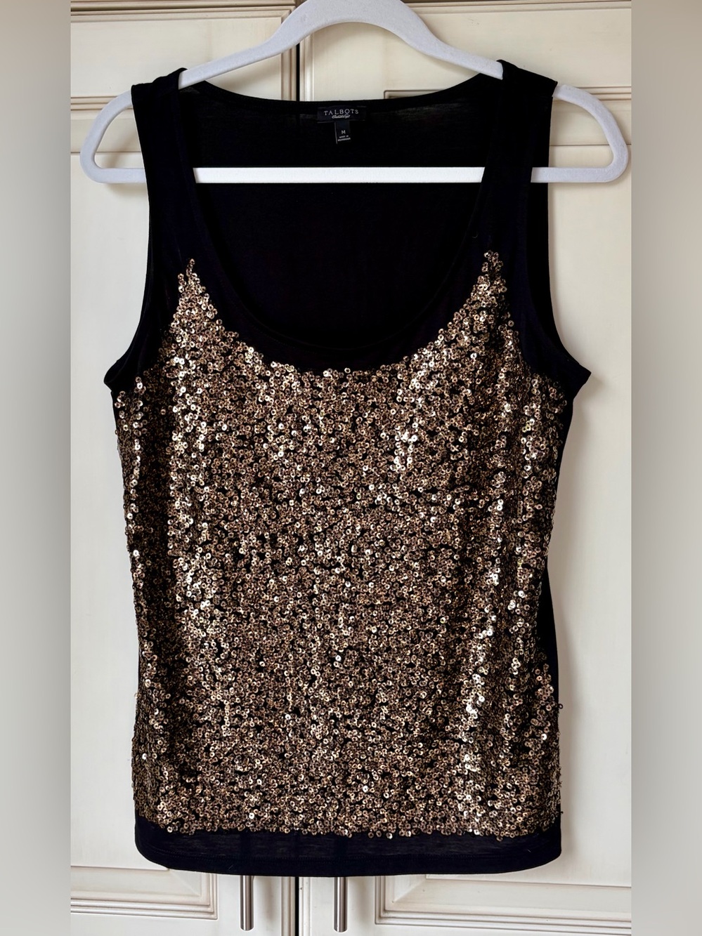Talbots Black Tank Top with Gold Sequin Front Panel. Medium.